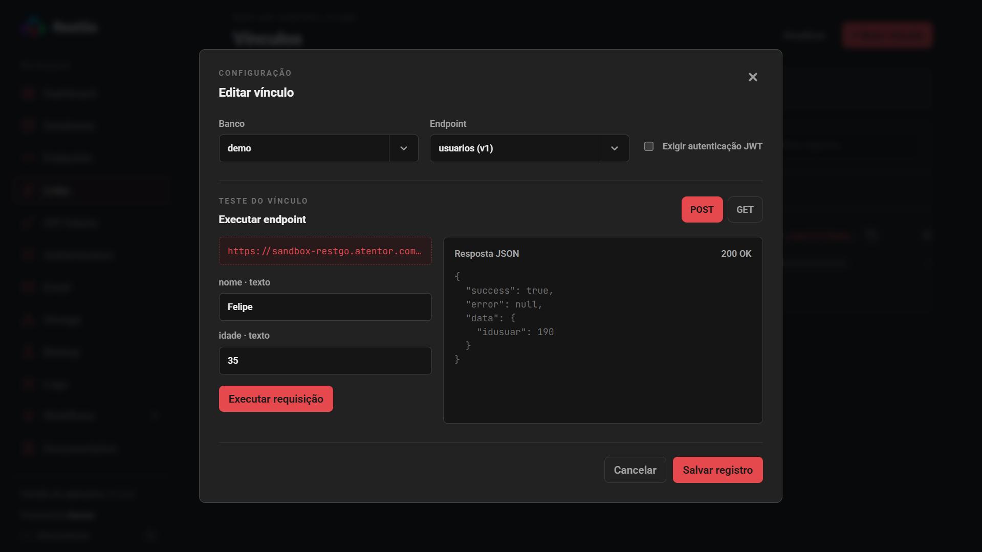 Tela de teste de endpoint do RestGo mostrando resposta JSON